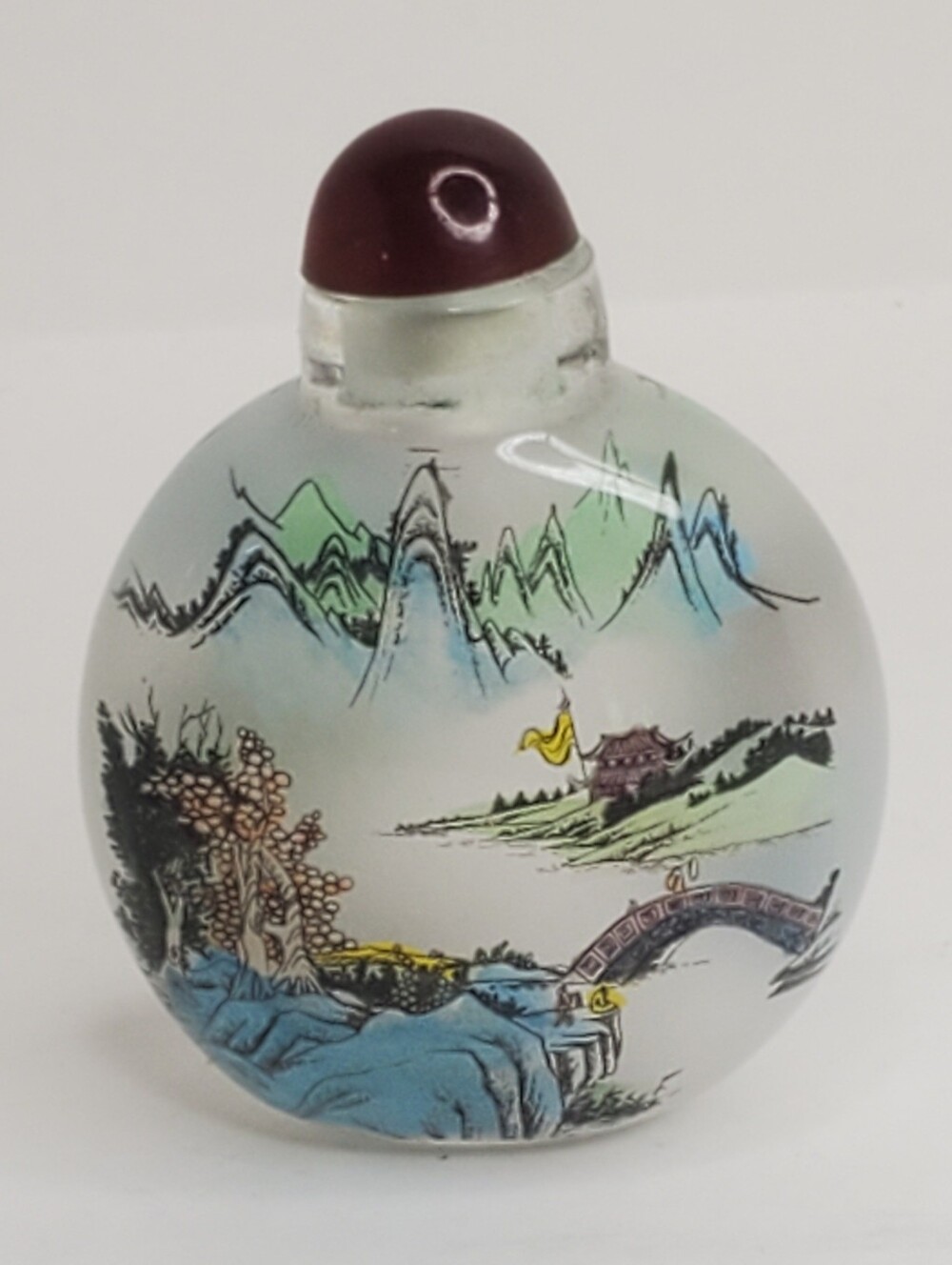 Vintage Chinese Reverse Hand Painted Mountainscape Snuff Bottle With Red Stopper